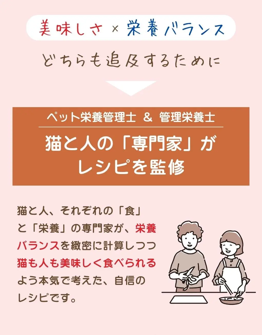 一般的なキャットフードと違い、「雑貨」ではなく猫も人も食べられる「食品」として、食材・工場・パッケージに至るまで、厳しい食品基準に従って製造された、確かな品質のごはんです、管理栄養士＆ペット栄養管理士によるW監修、人とペット、それぞれの「食」と「栄養」の専門家が緻密な栄養設計と味をとことん追求しました