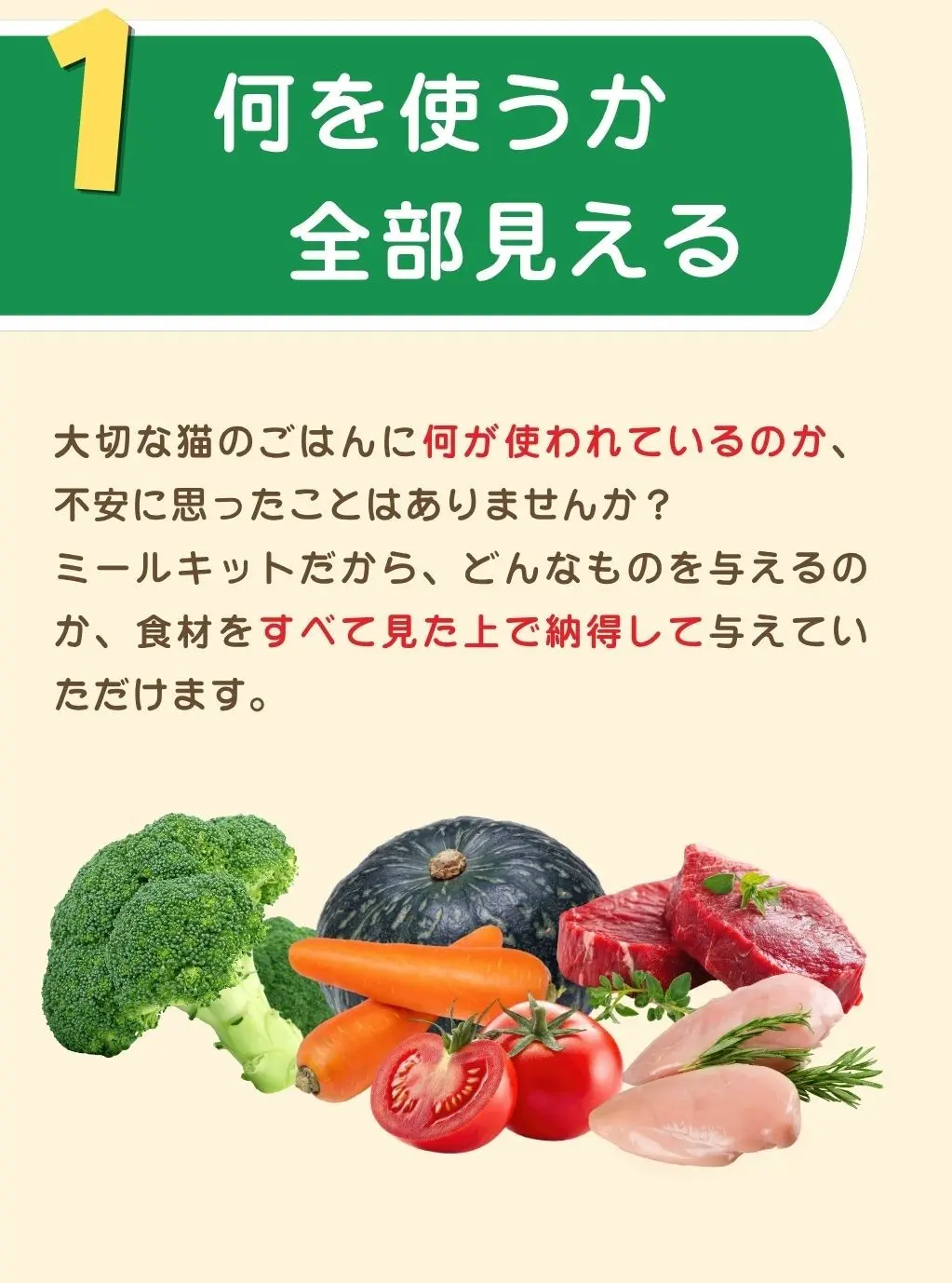 1. 何を使うか全部見える、ミールキットだから、どんなものを与えるのか食材をすべて見た上で納得して与えていただけます