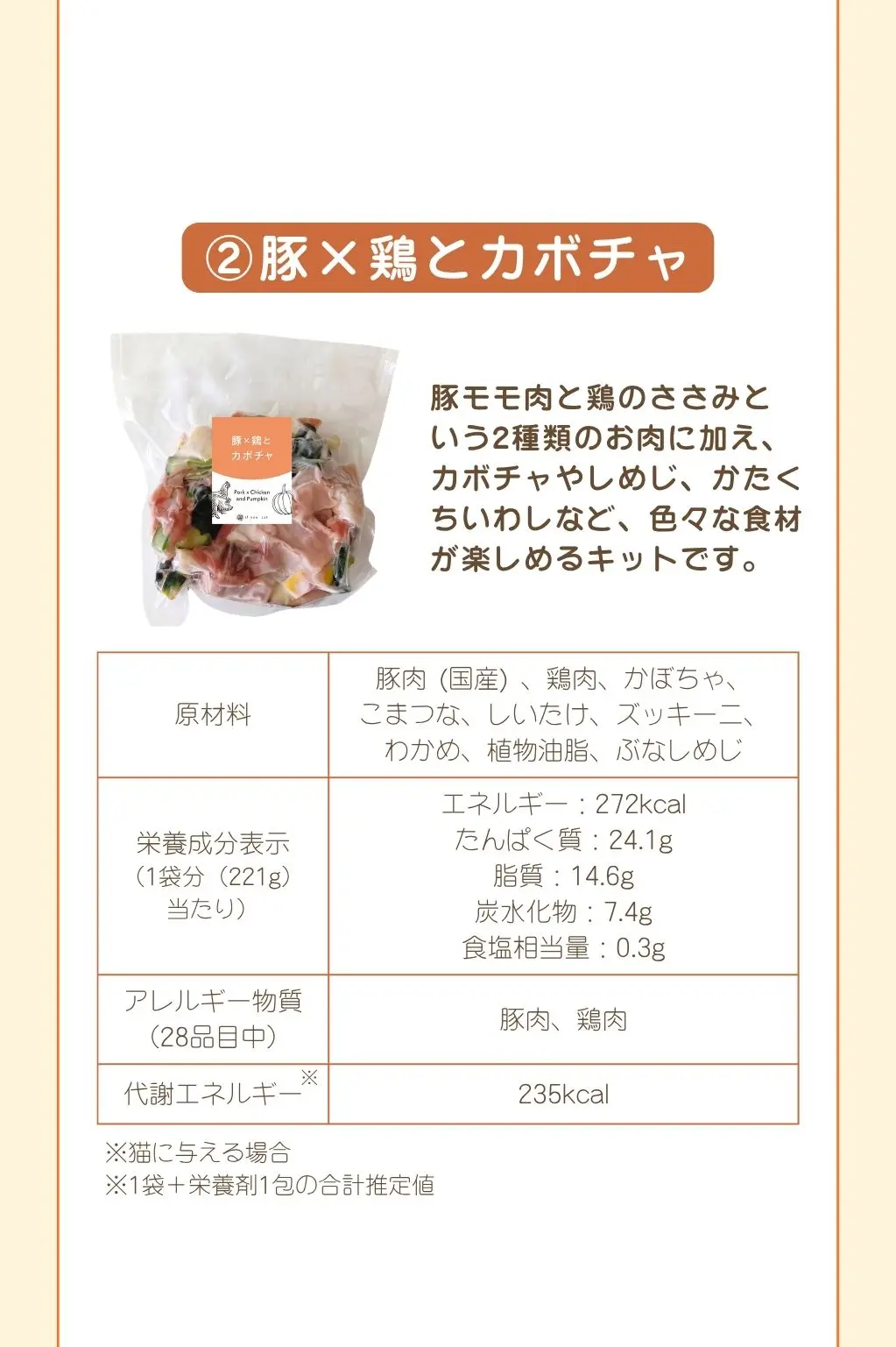②豚×鶏とカボチャ。豚モモ肉と鶏のささみという2種類のお肉に加え、カボチャやしめじ、かたくちいわしなど、色々な食材が楽しめるキットです。原材料は豚肉（国産）、鶏肉、かぼちゃ、こまつな、しいたけ、ズッキーニ、わかめ、植物油脂、ぶなしめじ。アレルギー物質は豚肉、鶏肉。1袋221g、エネルギー272kcal