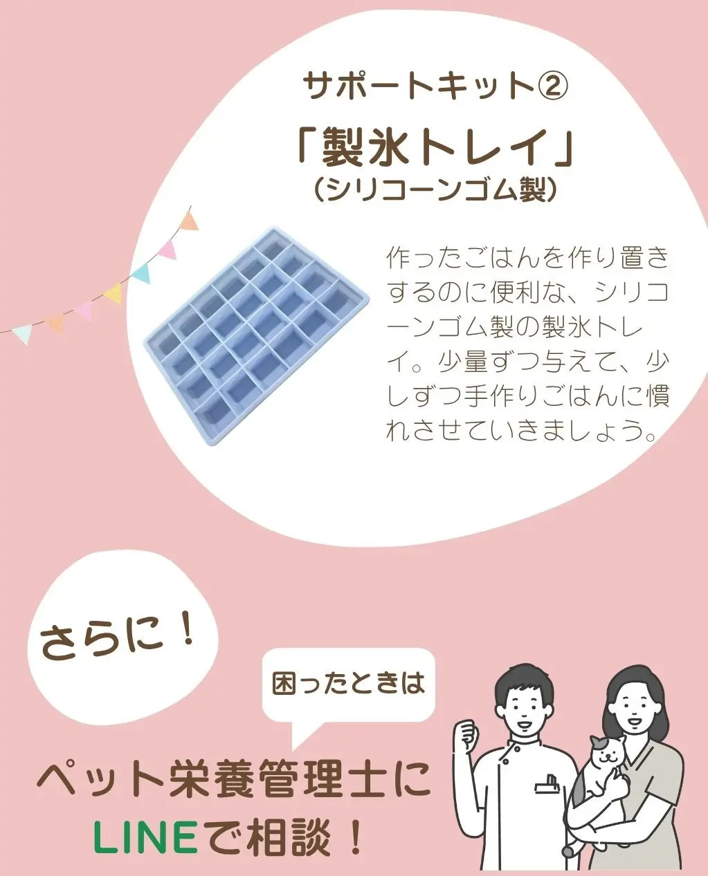 サポートキット②「製氷トレイ（シリコーンゴム製）」、さらに困ったときはペット栄養管理士にLINEで相談可能